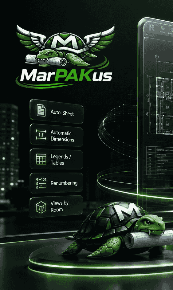 Arte do MarPAKus: o logo da tartaruga alada ao lado dos comandos Auto-Sheet, cotas automáticas, legendas e tabelas, renumeração e vistas por ambiente, com uma tela do Revit ao fundo