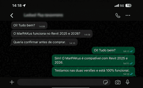 Conversa de WhatsApp: pergunta sobre compatibilidade com Revit 2025 e 2026, respondida com confirmação de que funciona nas duas versões