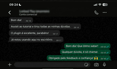Conversa de WhatsApp: explicação de que o plugin automatiza documentação, cotas, renumeração, organização e exportação