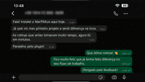 Conversa de WhatsApp: cliente conta que usou o MarPAKus no primeiro projeto e que rotinas que tomavam muito tempo agora leva minutos