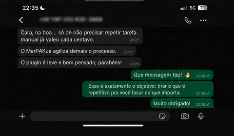 Conversa de WhatsApp: cliente elogia a renumeração e a organização de pranchas