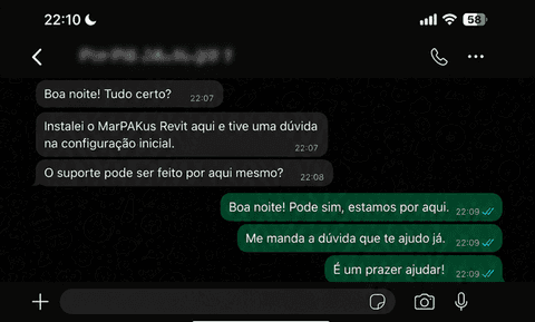 Conversa de WhatsApp: cliente relata que a exportação em DWG ficou perfeita e as cotas saem automáticas