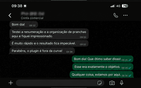 Conversa de WhatsApp: cliente diz que só de não precisar repetir tarefa manual já valeu cada centavo