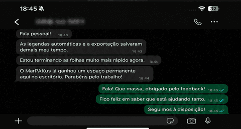 Conversa de WhatsApp: cliente conta que as legendas automáticas e a exportação economizaram muito tempo no escritório