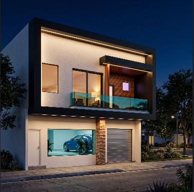 A mesma fachada renderizada pela IA em imagem fotorrealista noturna, com iluminação interna e entorno