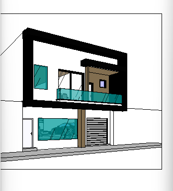 Vista 3D sombreada da fachada no Revit, com vidro e madeira, antes da renderização