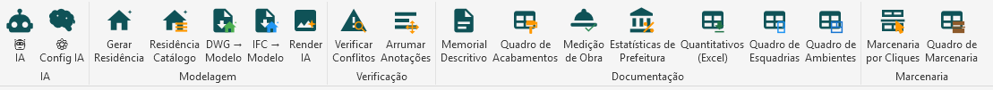 Barra de ferramentas de IA do MarPAKus no Revit, com 5 grupos: IA, Modelagem, Verificação, Documentação e Marcenaria.